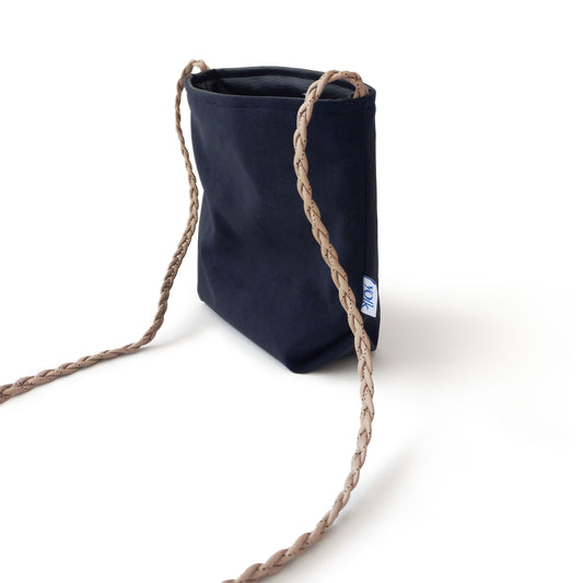 black cross body bucket bag with beige cord