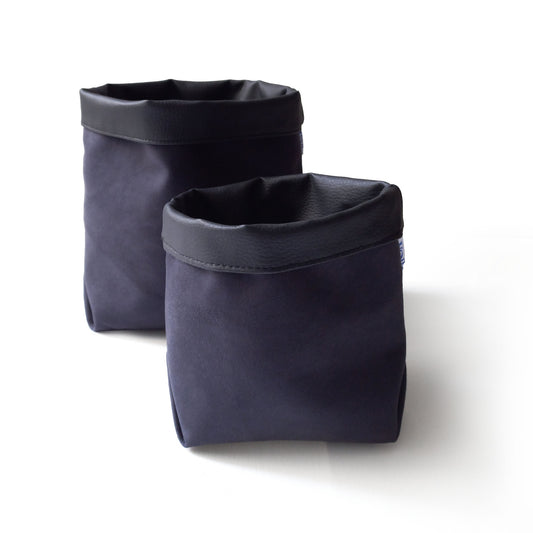 Two black storage baskets