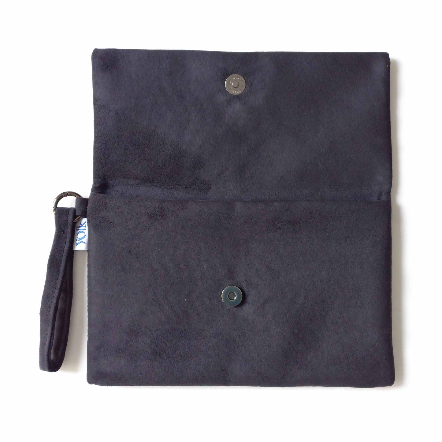Open vegan suede clutch bag, button detail