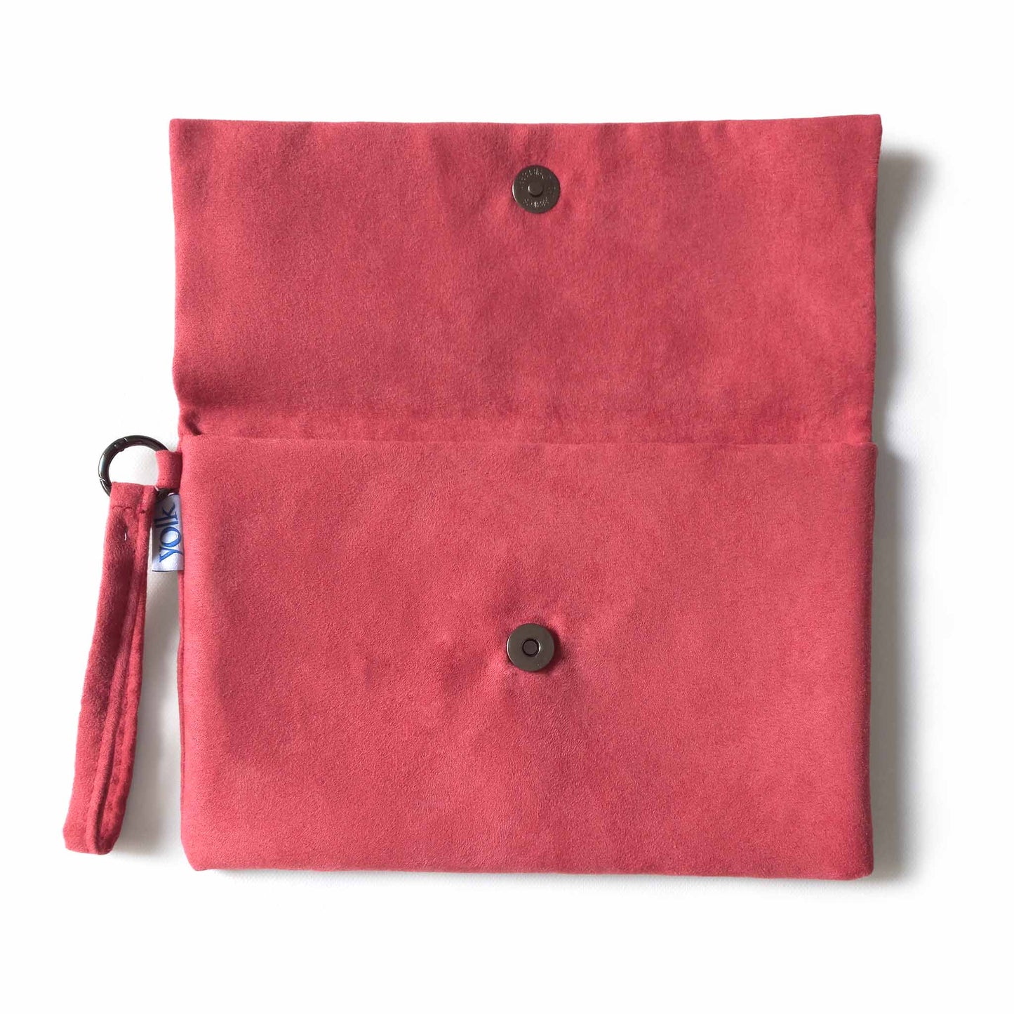 Red clutch, open, button detail