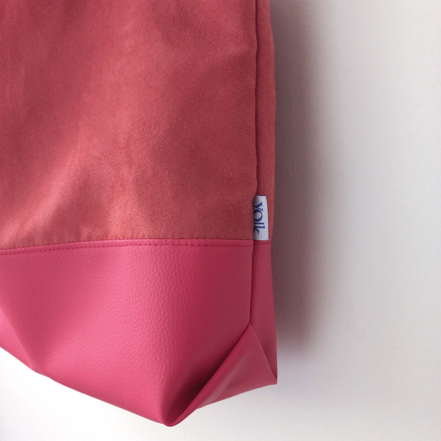Red shopper tote bag, vegan suede and leather texture detail
