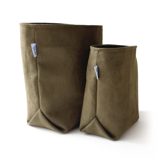 Dark green vegan suede storage baskets