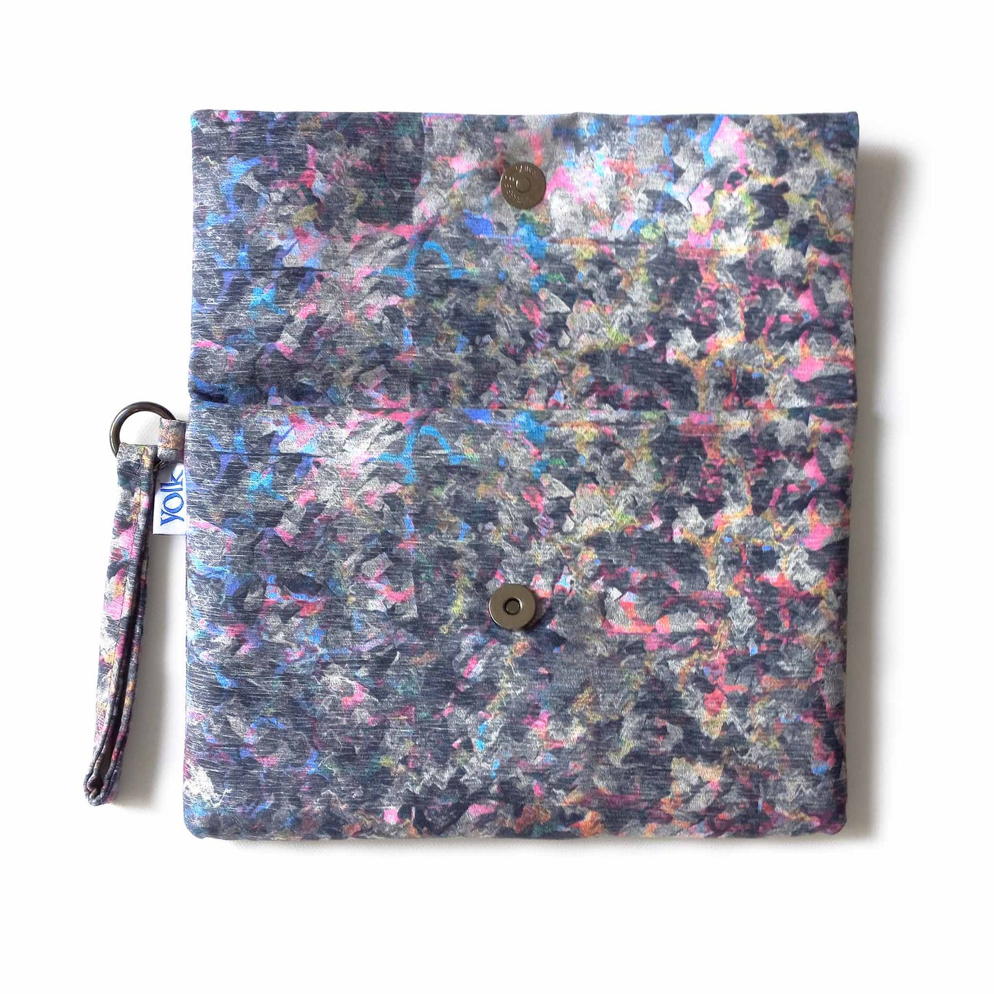 Open printed clutch bag, button detail