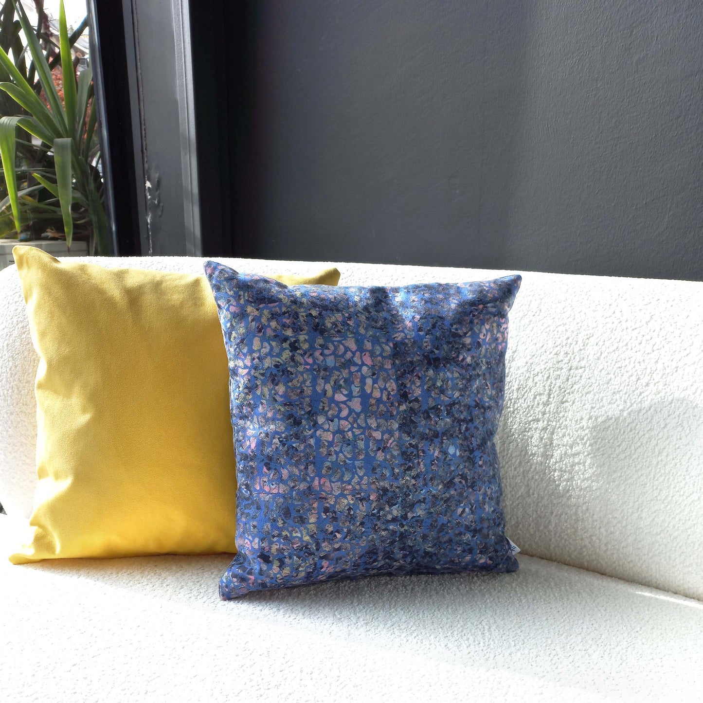 Two decorative cushions on a sofa