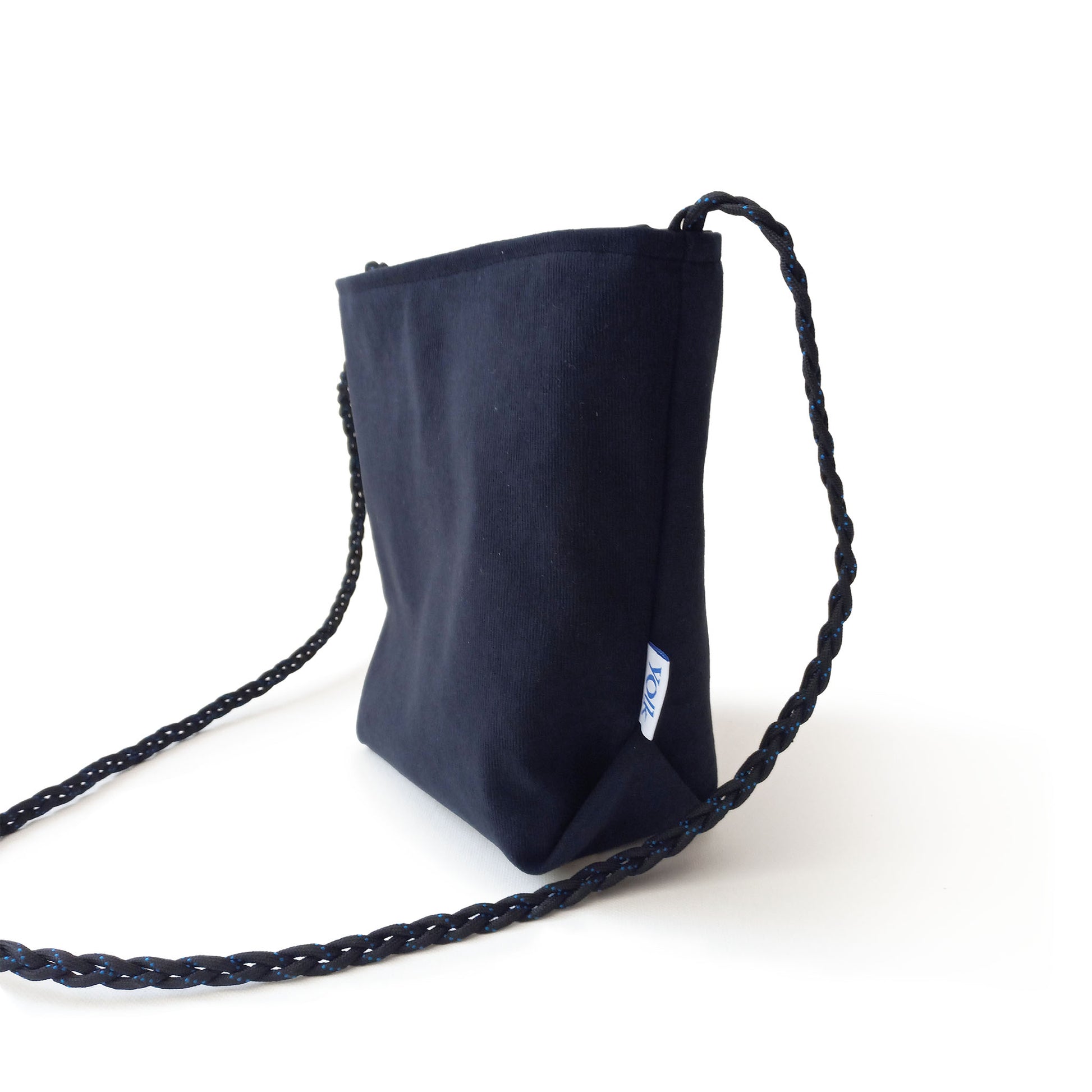 black cross body bucket bag with black cord