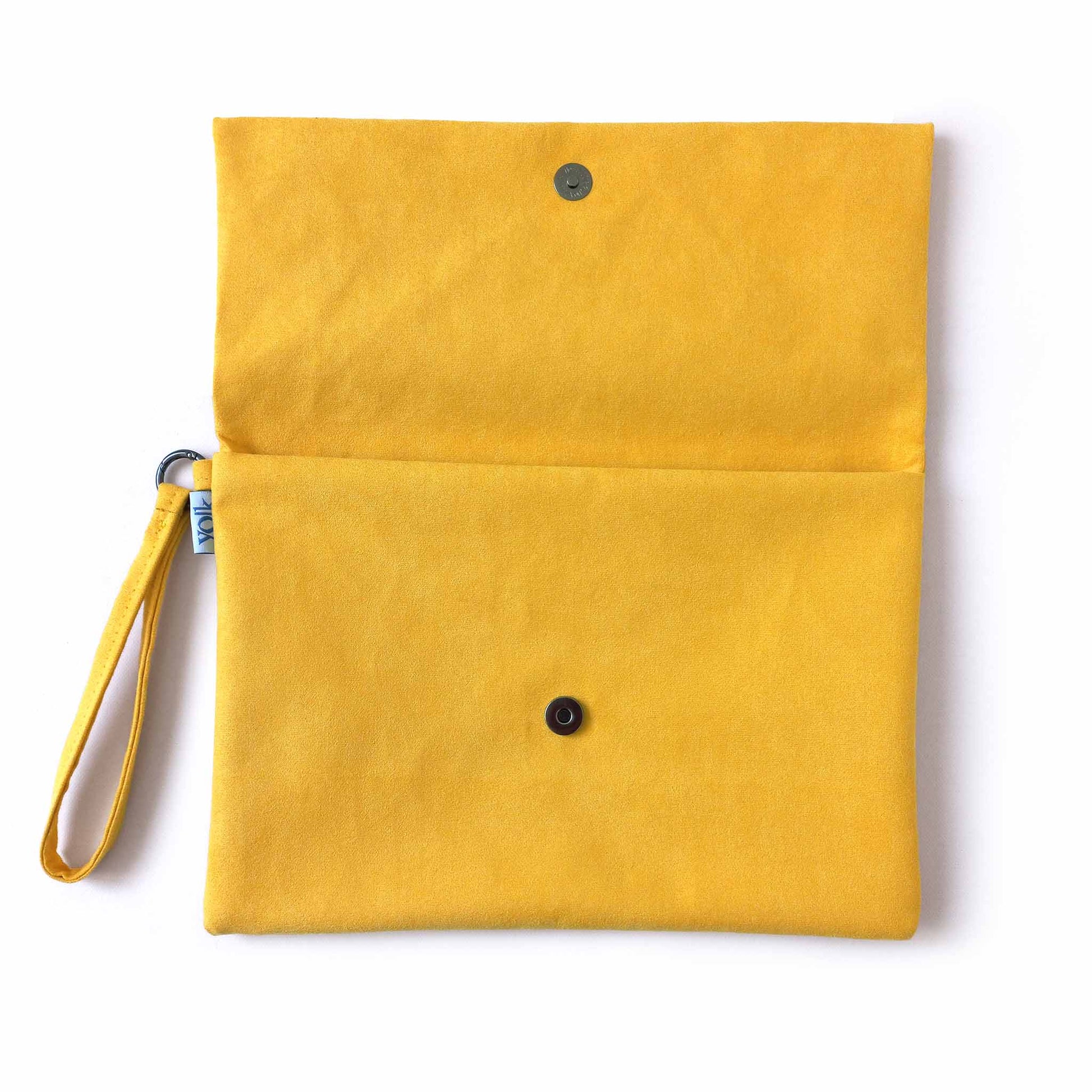 Open yellow suede clutch bag, metallic button detail