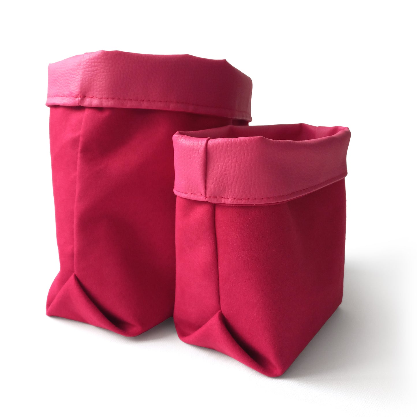 Two red fabric baskets