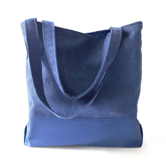 Blue shoulder bag, vegan suede and leather