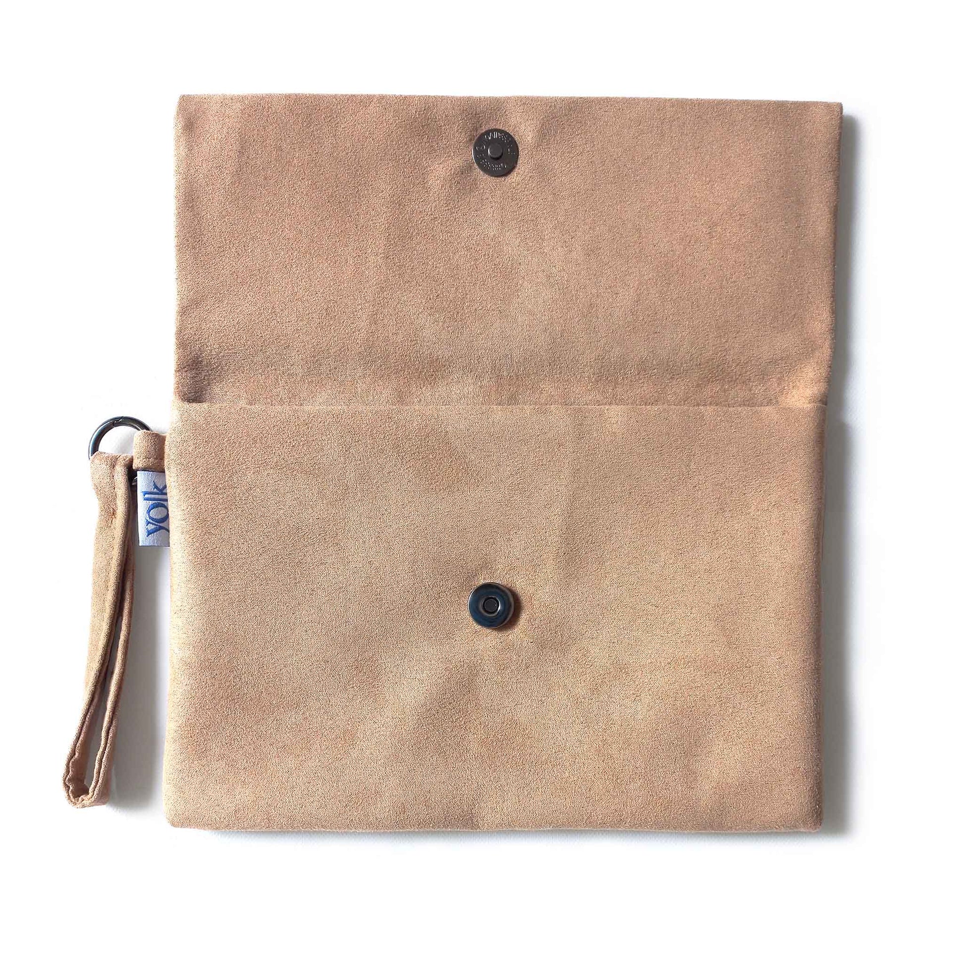 Open suede clutch bag, button detail